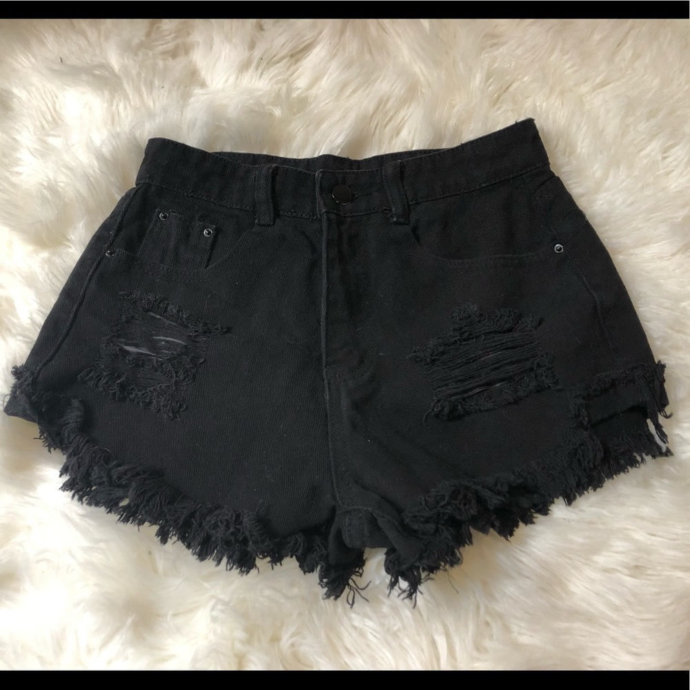 SIZE S Black distressed fringe shorts button & zip